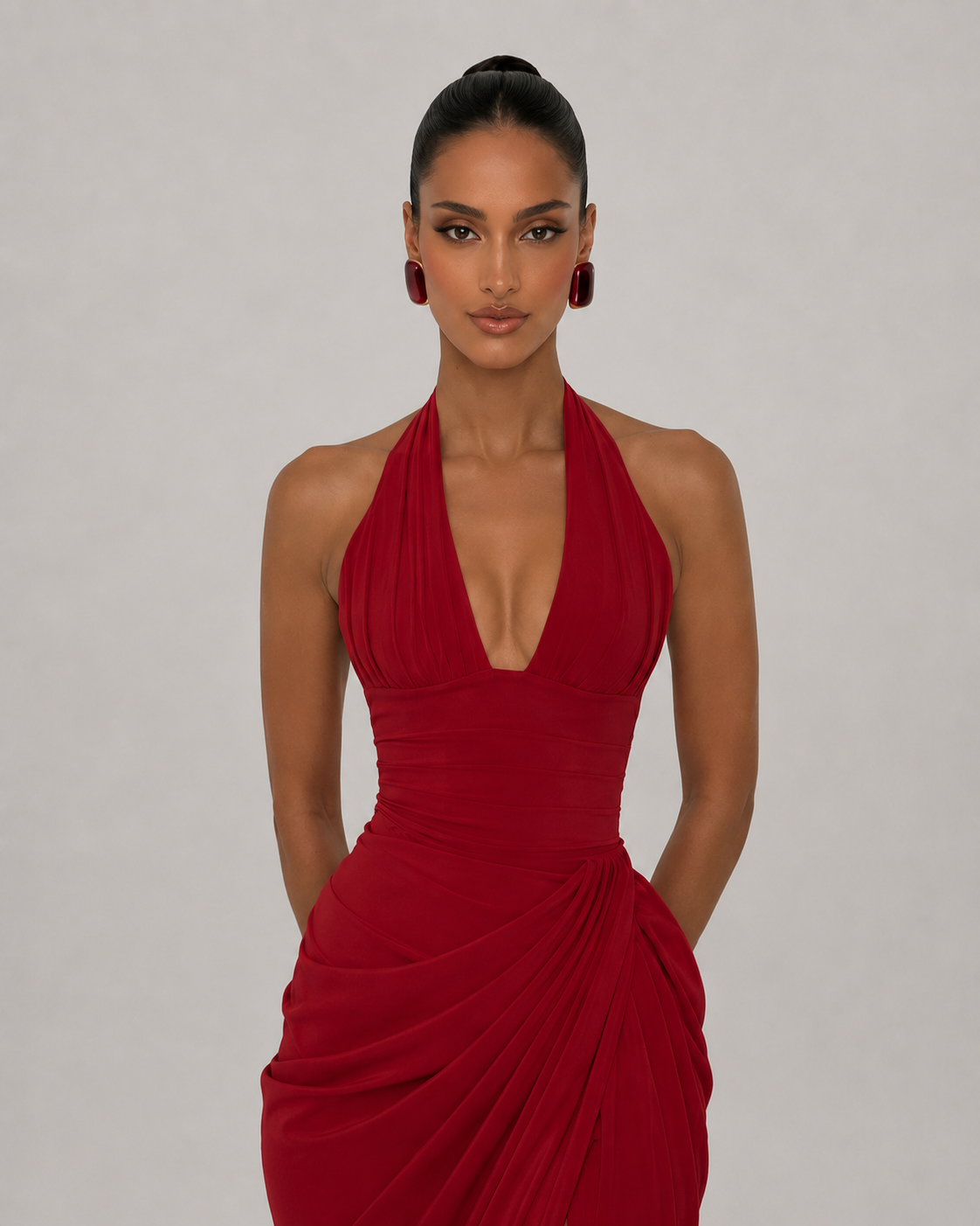 Xanthe Halter Deep V Ruched High Slit Satin Maxi Dress