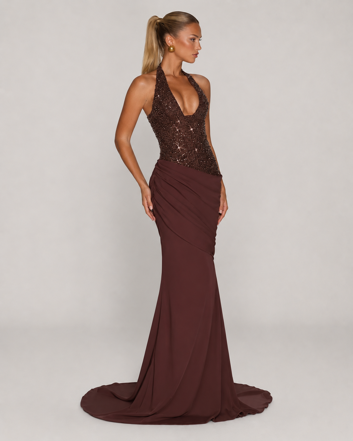Rosetta Sequin Halter Bodycon Maxi Dress in Chestnut