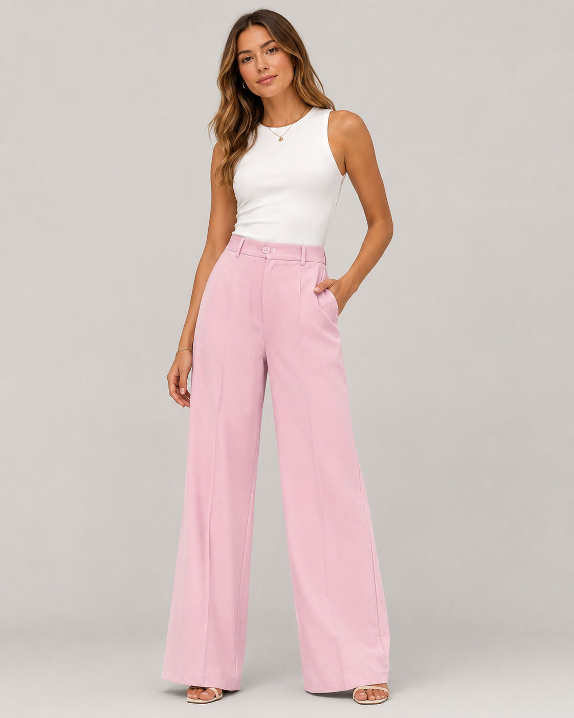 Rosie Pleat Front High Waist Wide Leg Trousers in Pink