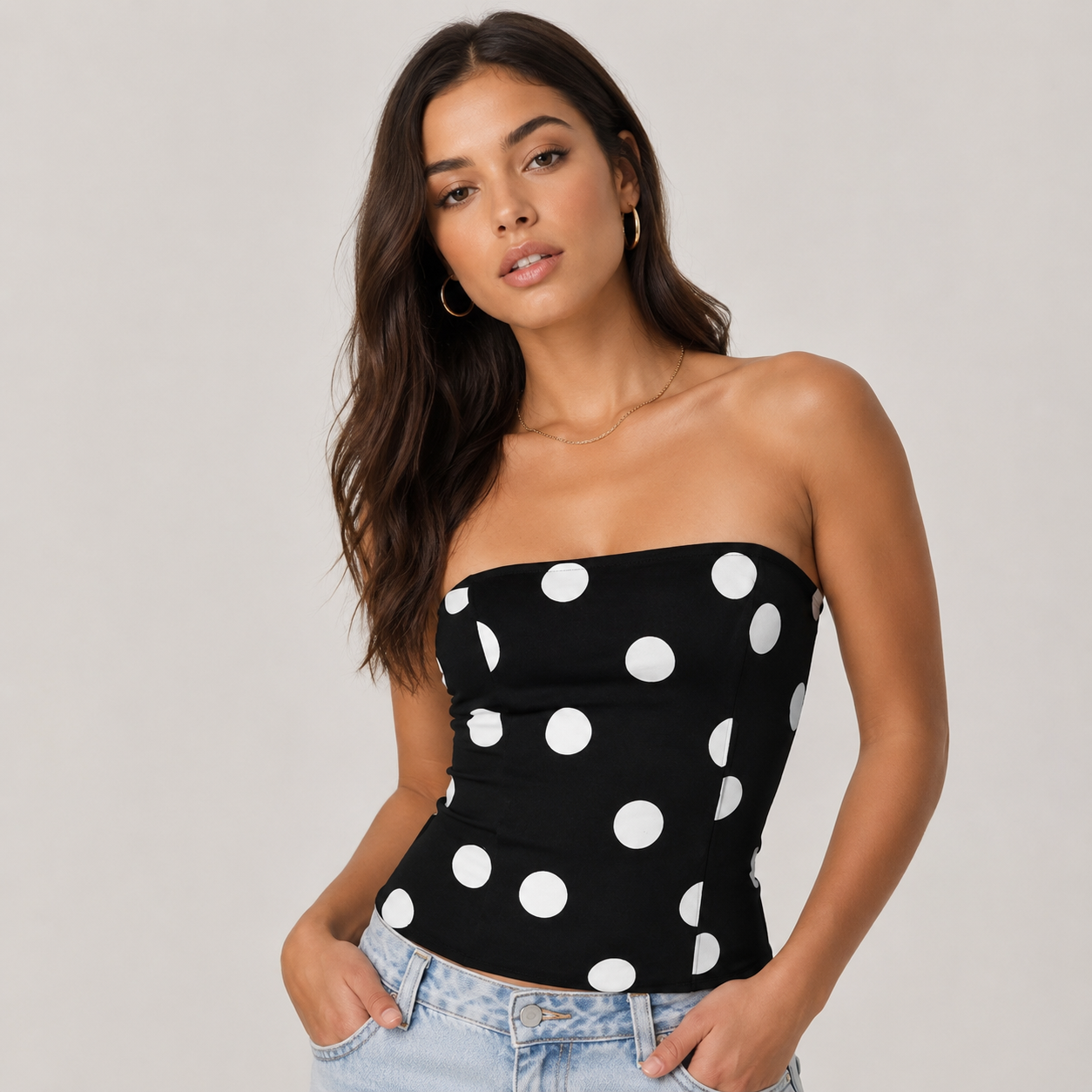 Dodie Polka Dot Tie Front Strapless Corset Top