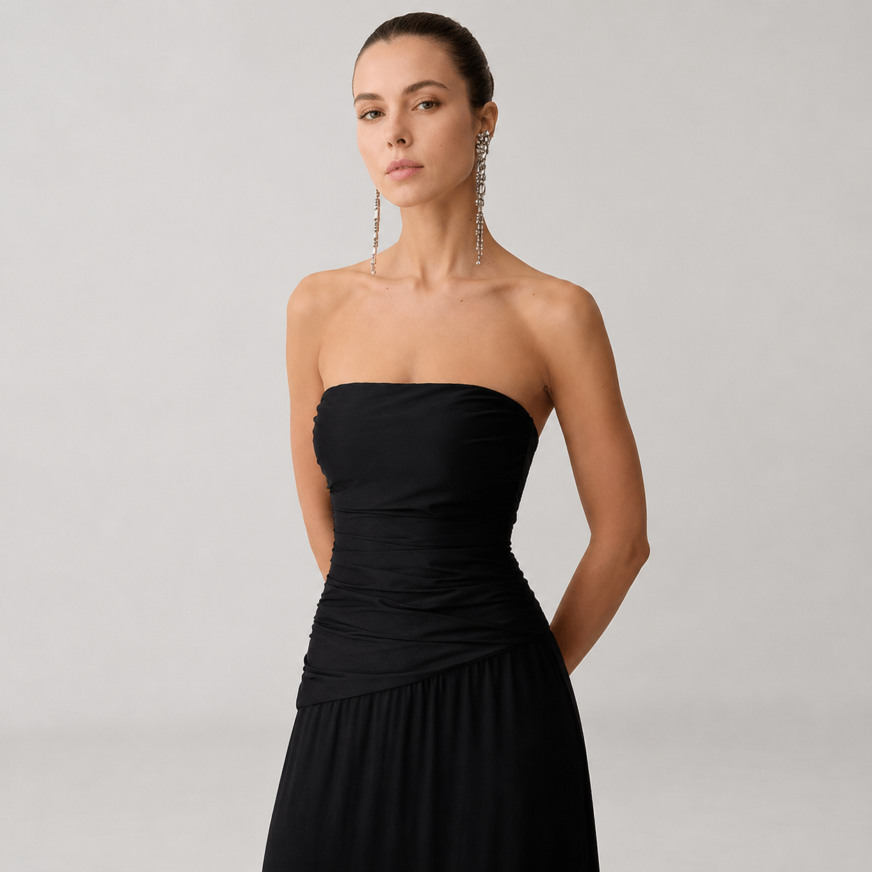 Blythe Strapless Ruched Lace-Up Maxi Dress in Black