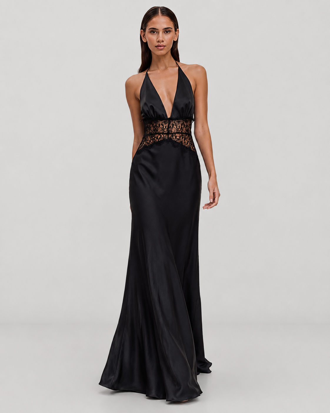 Tamsin Halter Neck Satin and Lace Backless Maxi Dress