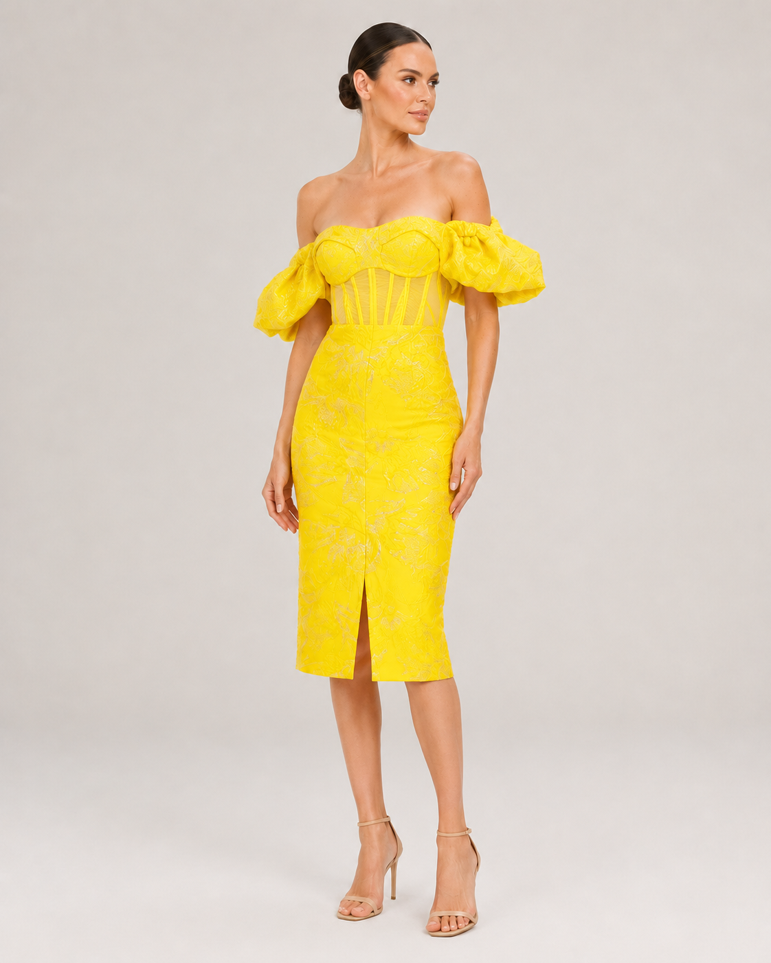 Marigold Ruffle Trim Sequin Jacquard Dress in Yellow