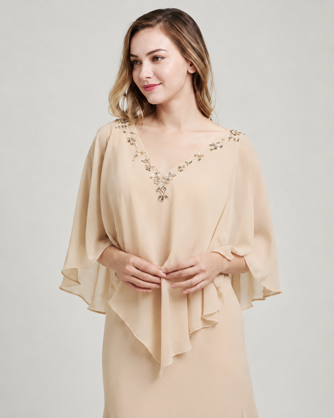 Constance Crystal Chiffon Tea Length Dress with Sleeves