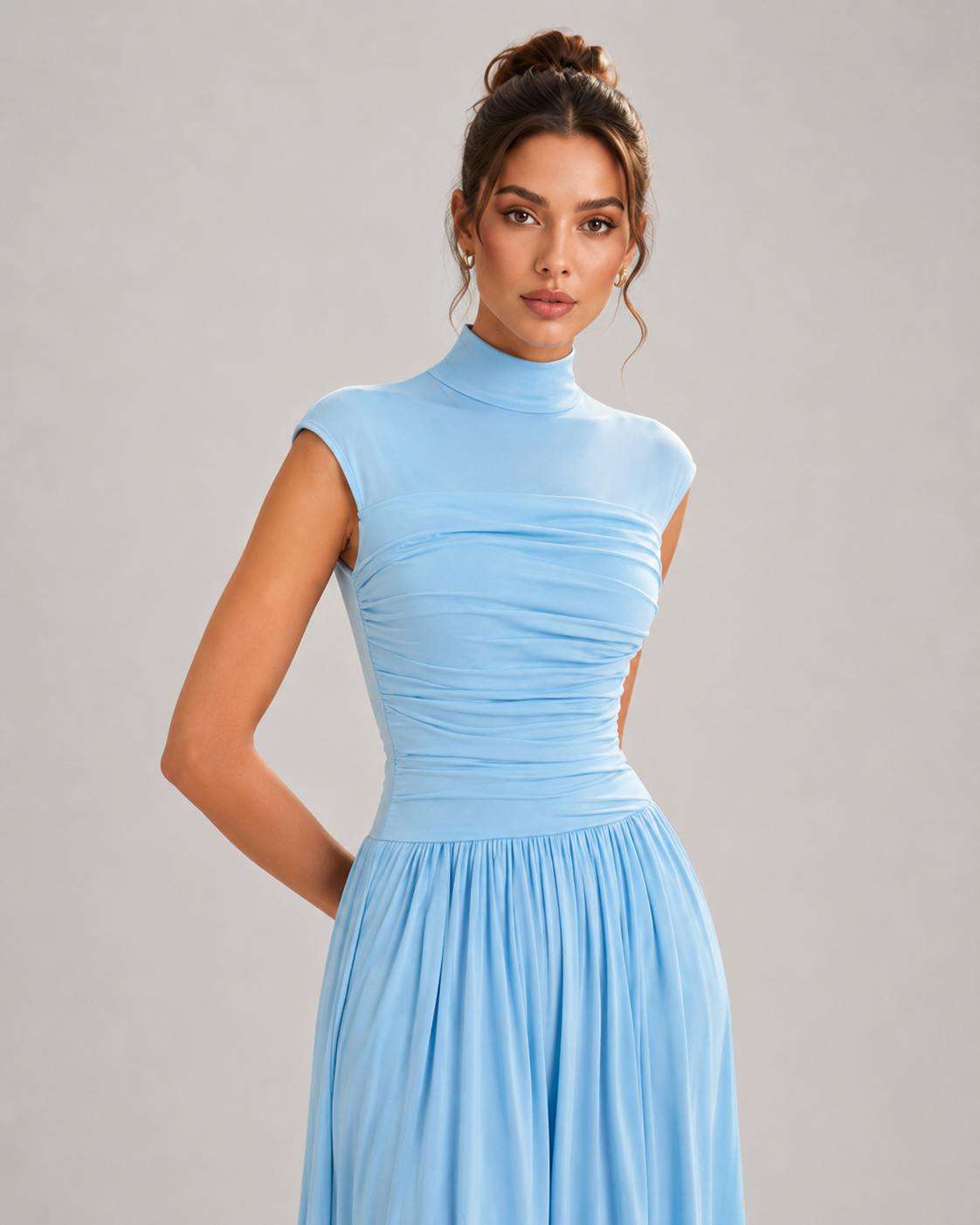 Pearl Long Sleeve Draped Fold Detail Maxi Dress in Blue