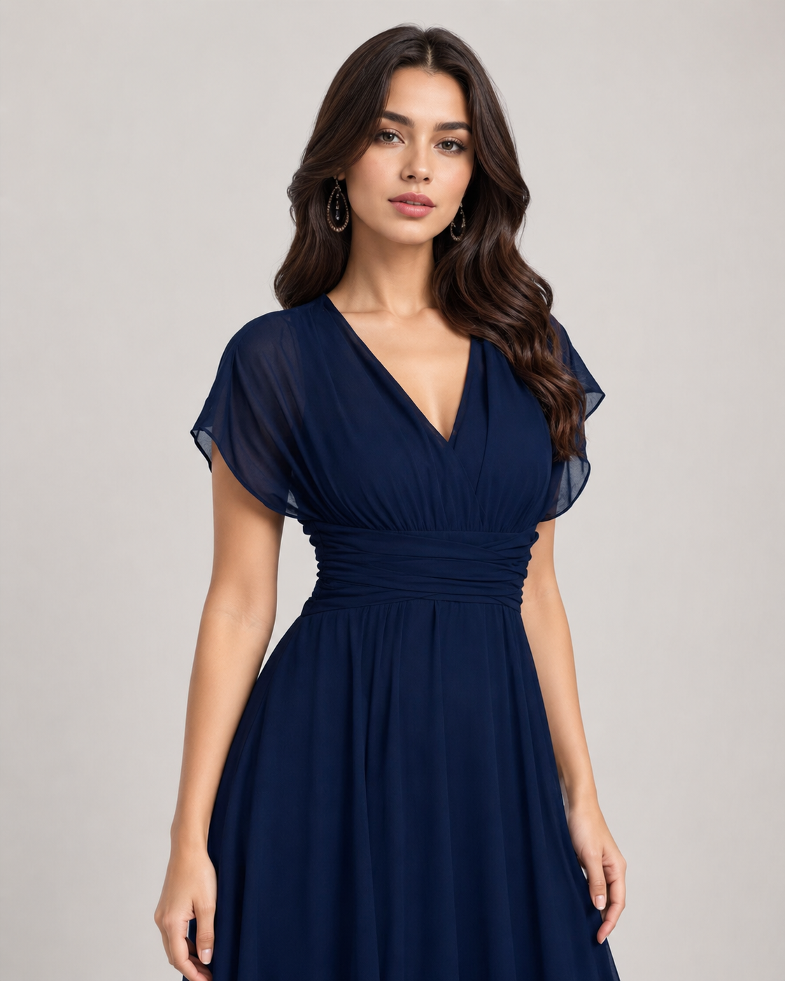 Adele Flutter Mesh Sleeve Chiffon Midi Dress in Navy