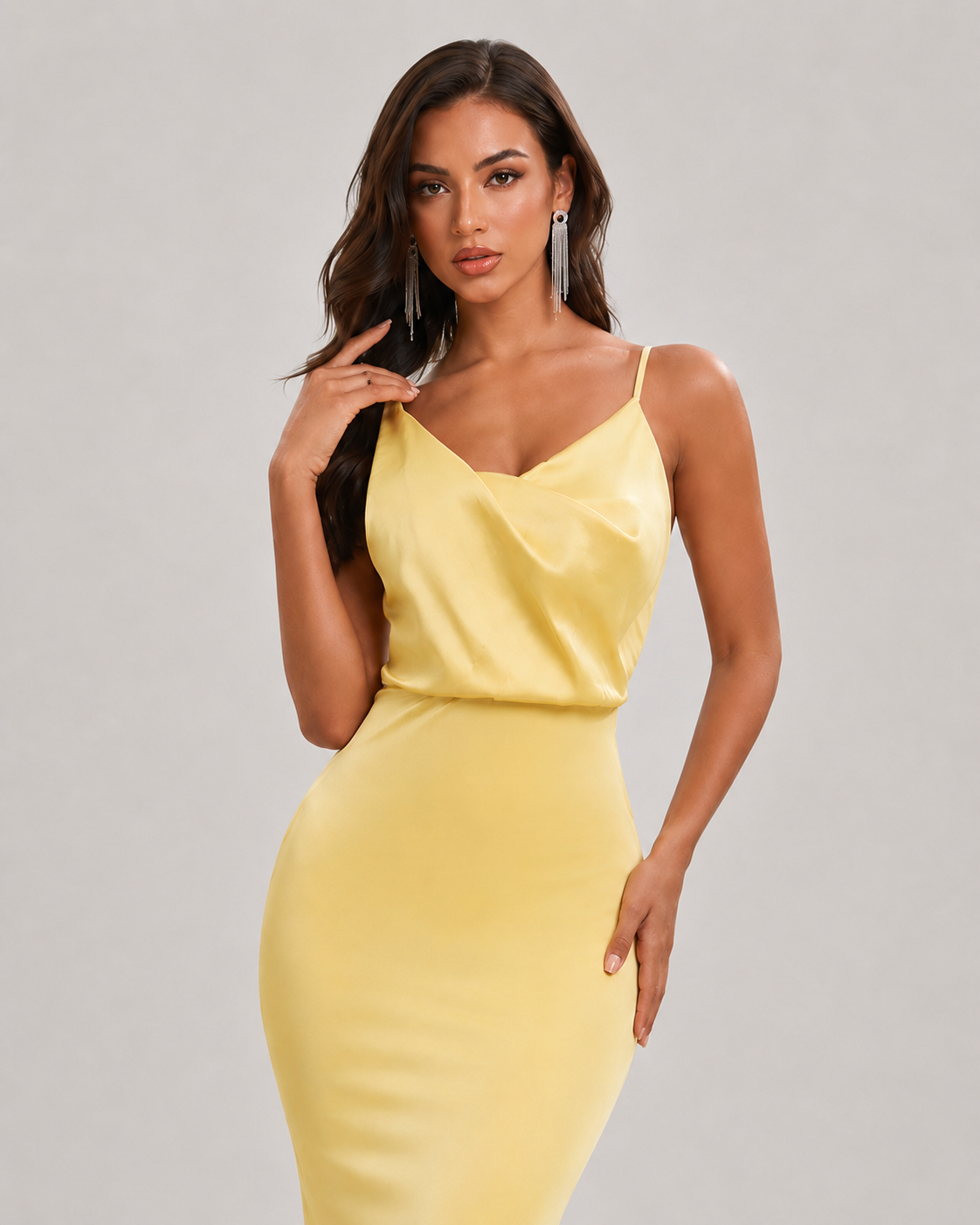Primrose Cowl Neck Backless Satin Maxi Dress in Yellow