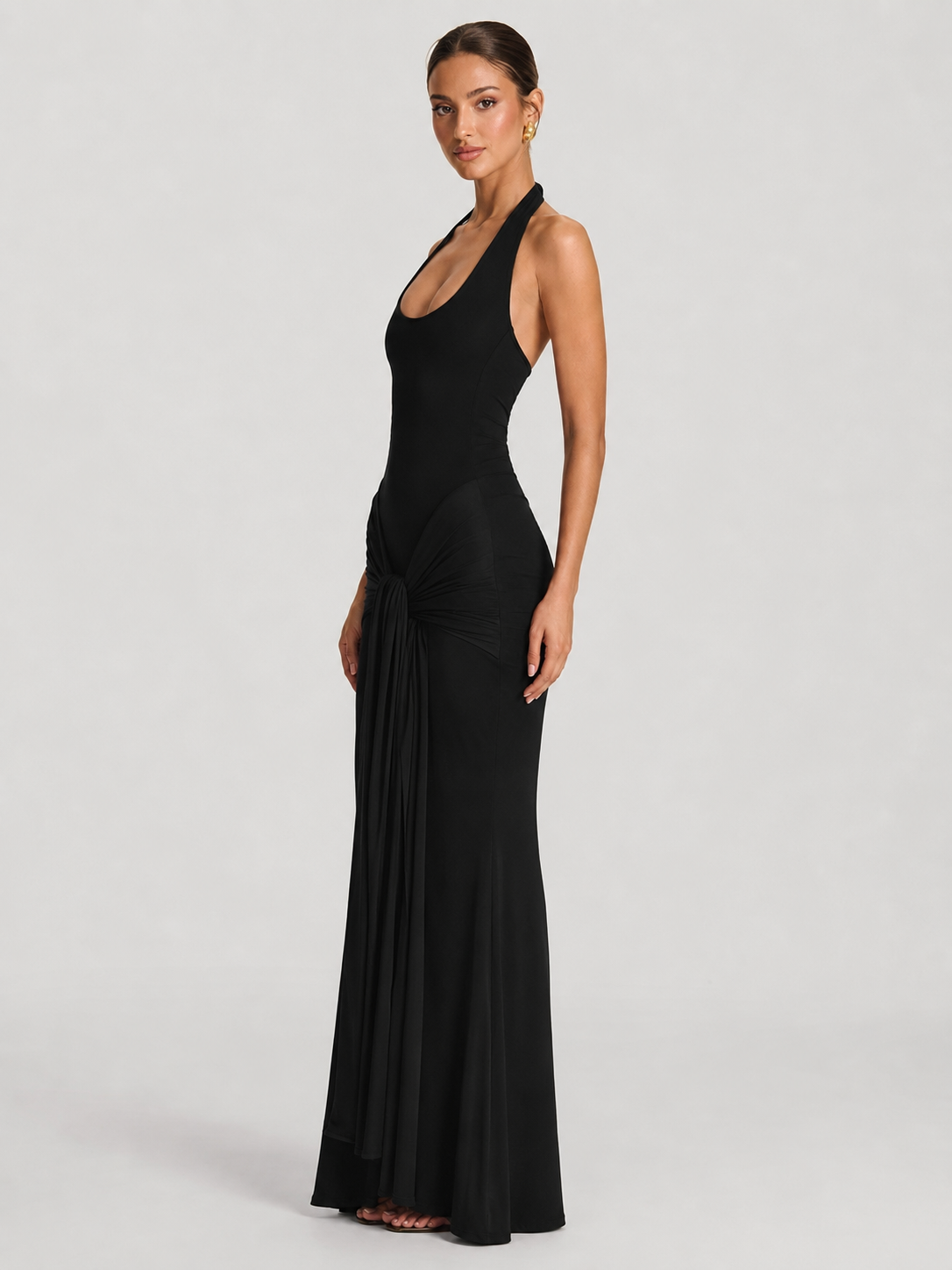 Callie Halter V Neck Draped Ruched Bodycon Maxi Dress