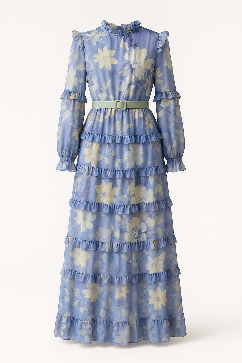 Amara Ruffle Print Kaftan Maxi Dress in Blue
