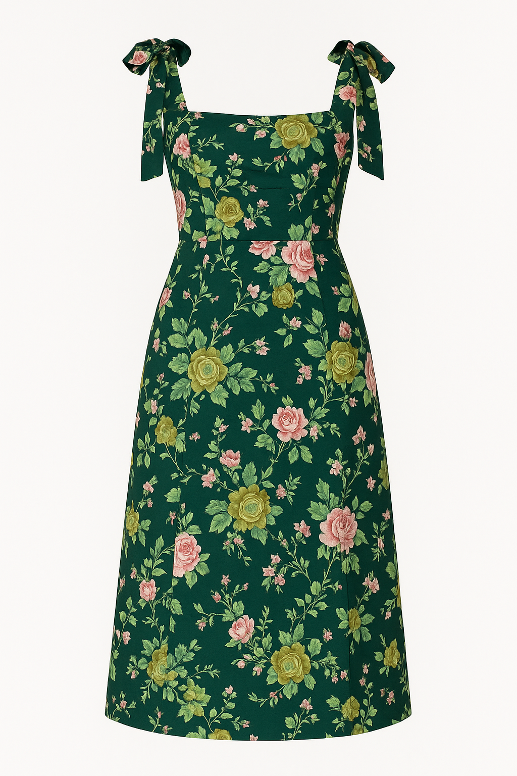 Camille Square Neck Floral Midi Dress in Vintage Green