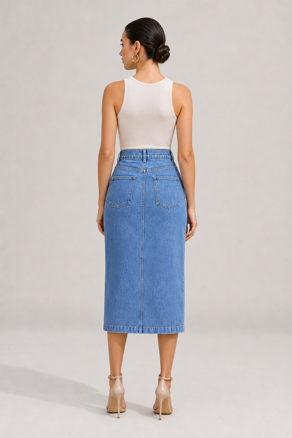 Billie High Waisted Straight Cut Denim Midi Skirt