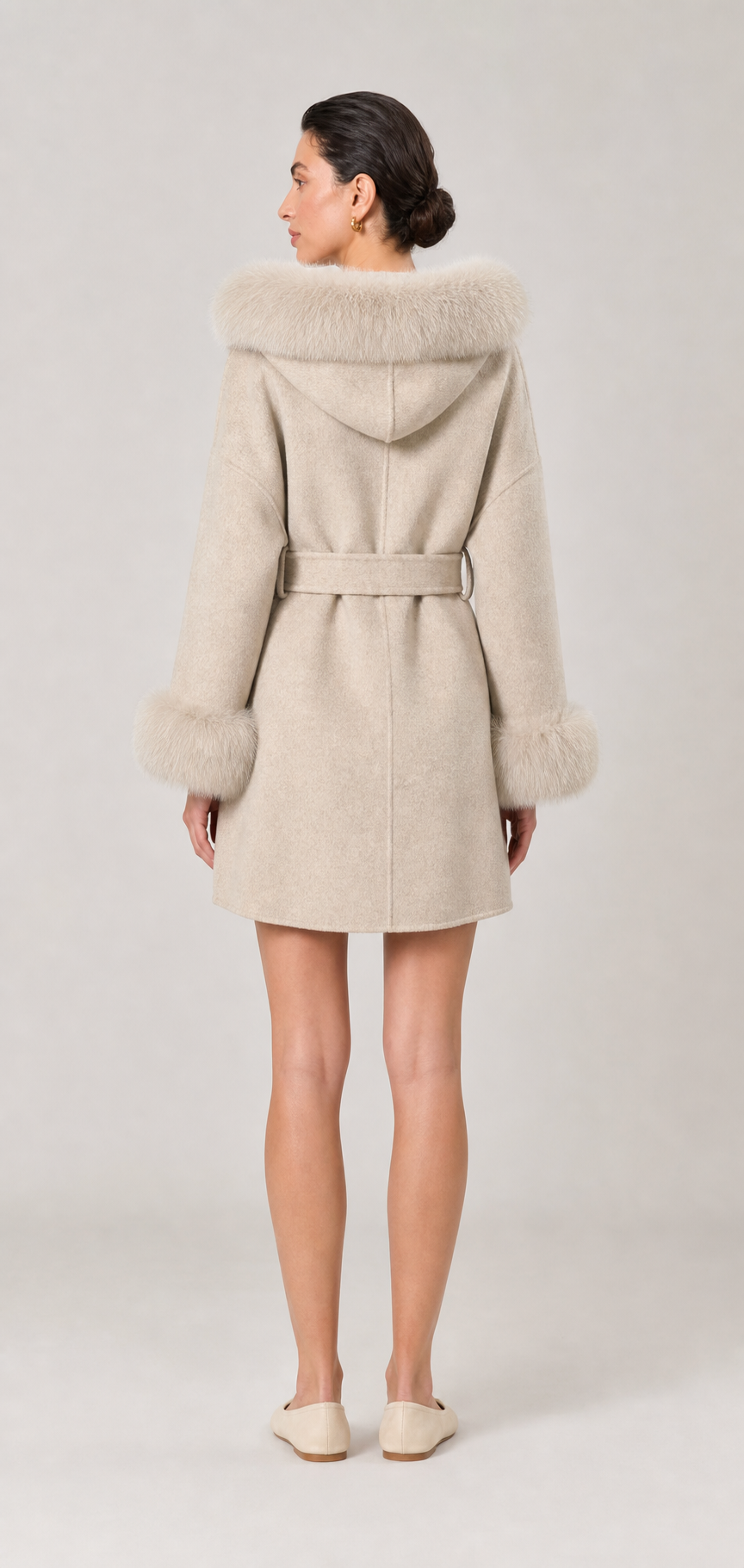Oona Belted Wool Coat with Fur Trim Hood in Grey