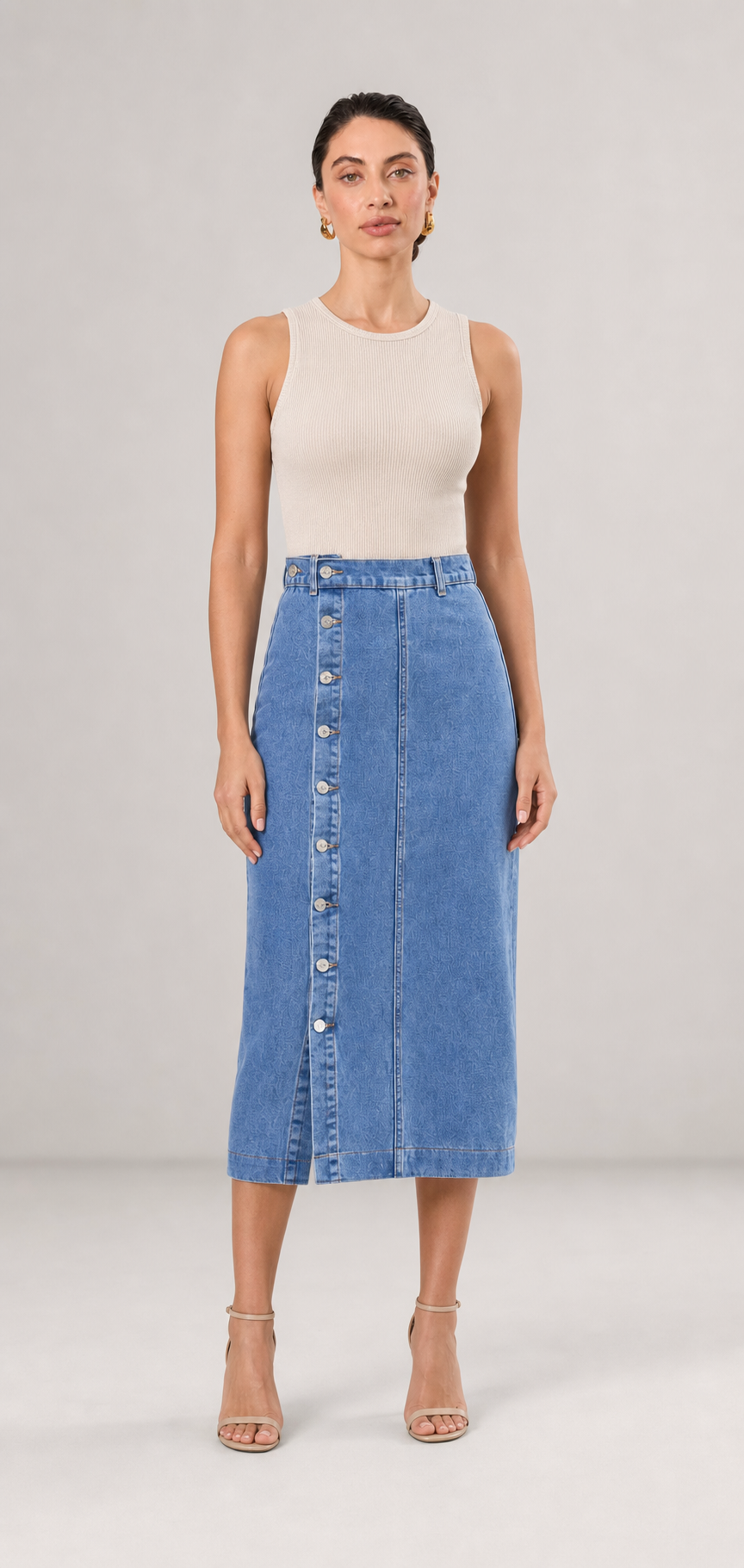 Billie High Waisted Straight Cut Denim Midi Skirt