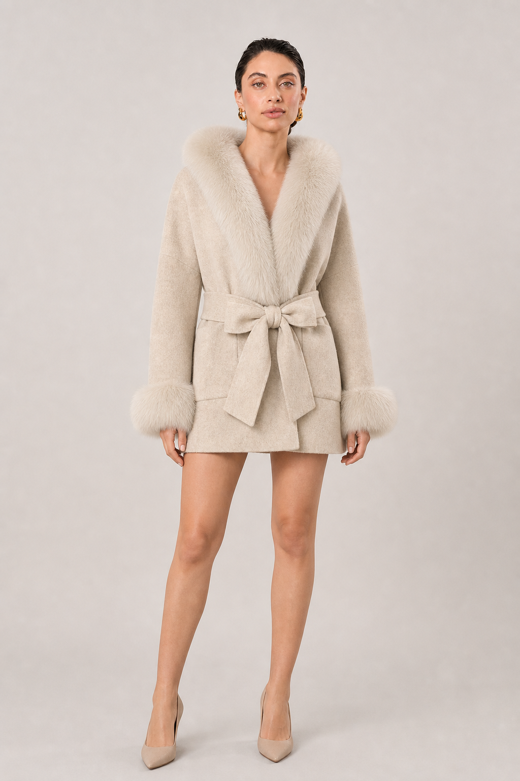 Oona Belted Wool Coat with Fur Trim Hood in Grey