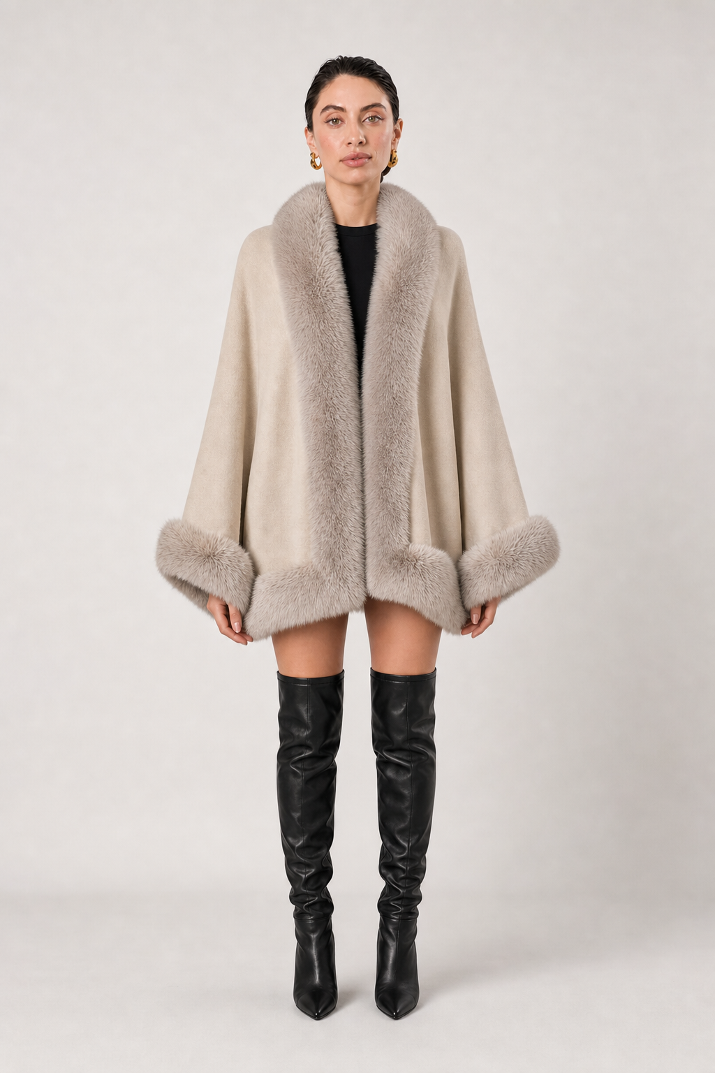 Bess Faux Fur Collar Batwing Sleeve Knit Cardigan