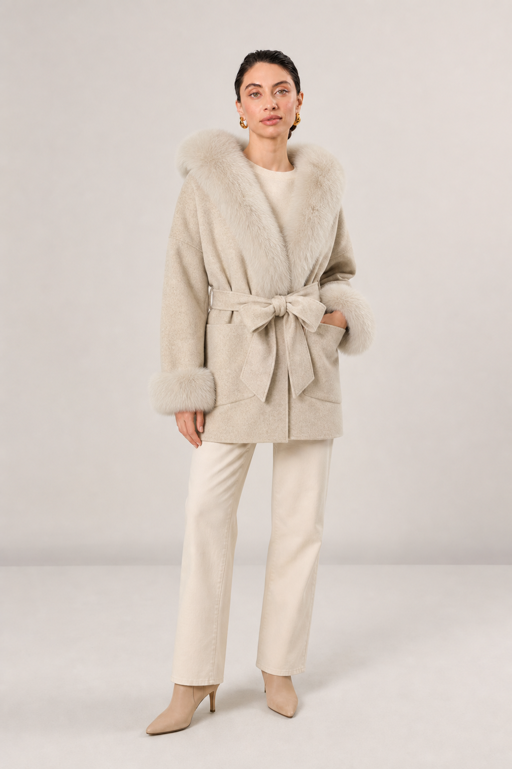 Oona Belted Wool Coat with Fur Trim Hood in Grey