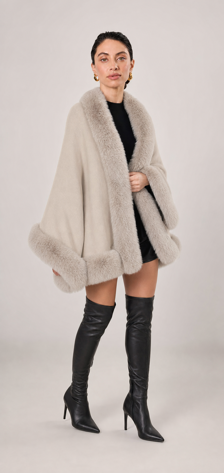 Bess Faux Fur Collar Batwing Sleeve Knit Cardigan