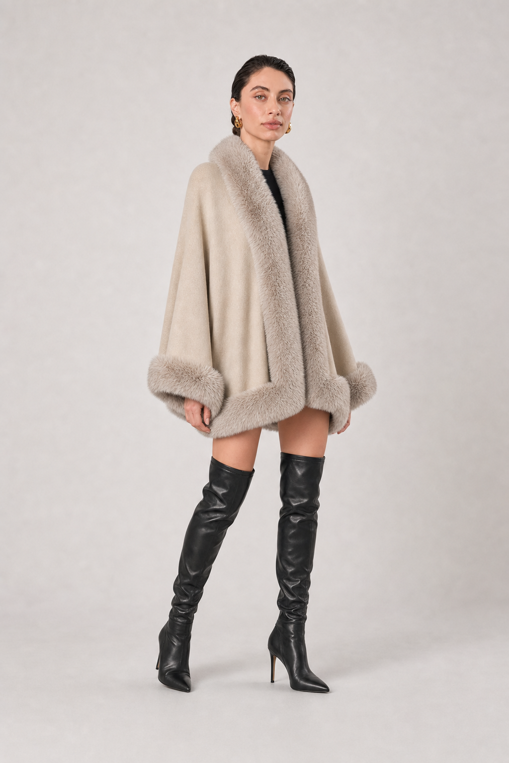 Bess Faux Fur Collar Batwing Sleeve Knit Cardigan